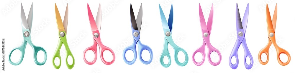Poster a visually balanced collection of scissors in multiple sizes and colors, each with ergonomic handles