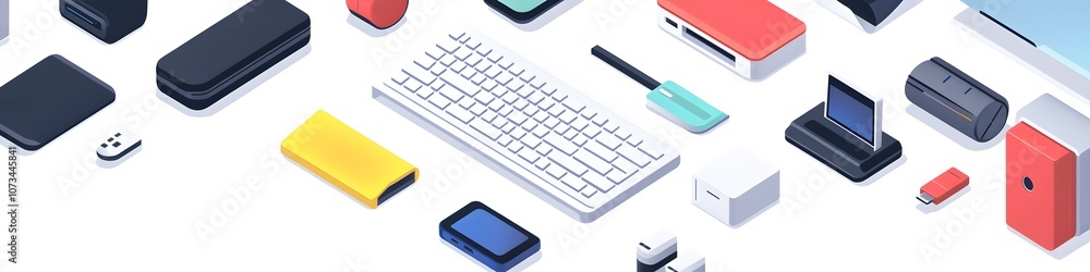 Aufkleber array of computer accessories like a mouse, keyboard, and usb drive, each positioned in a visually p