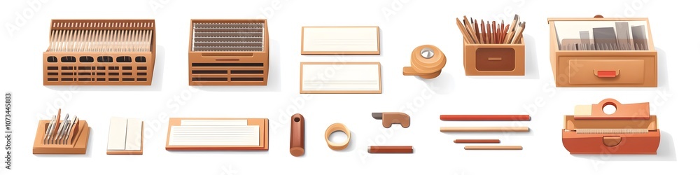 Poster display of file sorters, document trays, and letter racks, each tool with intricate design details, 