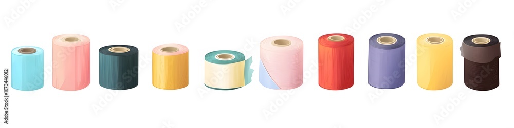 Poster Array of adhesive tapes and dispensers, each with different finishes, displayed in a row on a seamless white background. Vector art, no shadows, 4k resolution, white background