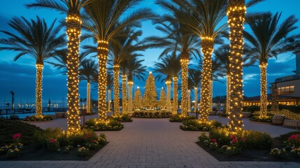 a modern and elegant seaside resort draped in holiday lights perfect blend of relaxation and celebration