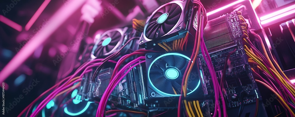 Poster a pile of graphics cards with fans, connected by colorful cables to an alien machine in the backgrou