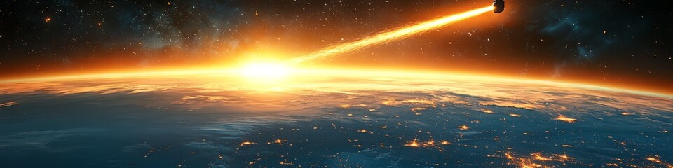 Fototapeta premium A space shot of a planet with a bright sun in the background. The sun is setting and the sky is filled with stars