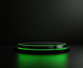 A glowing green circular podium on a black background, symbolizing futuristic technology and innovation, perfect for modern tech-themed advertising and digital marketing