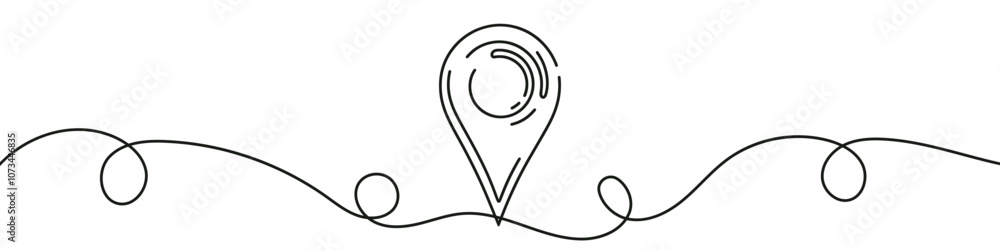 Poster minimalist design of a location pin seamlessly connected to a wavy line, symbolizing location tracki