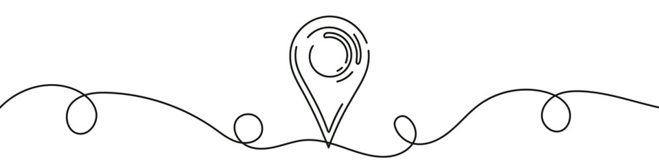 Minimalist design of a location pin seamlessly connected to a wavy line, symbolizing location tracking or a journey