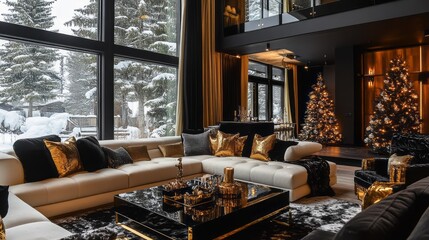 Modern Living Room with White Sofa, Gold Decor, and Christmas Trees