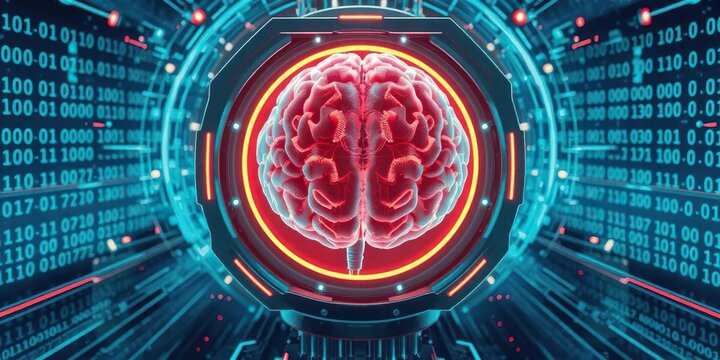 Futuristic illustration of AI technology with binary code and digital brain encased in virtual reality environment, conceptual, binary code