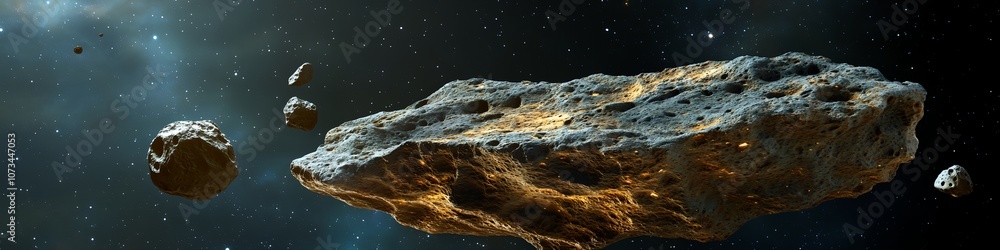 Poster a large rock is floating in space with several smaller rocks surrounding it. the scene is dark and m