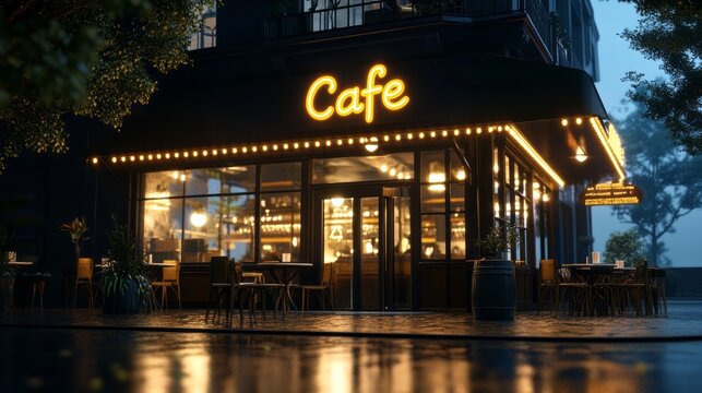 A cafe with a neon sign that says Cafe