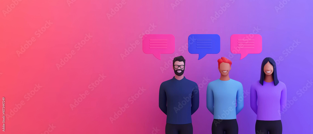 Aufkleber three diverse characters stand against a vibrant gradient background, each with speech bubbles, repr