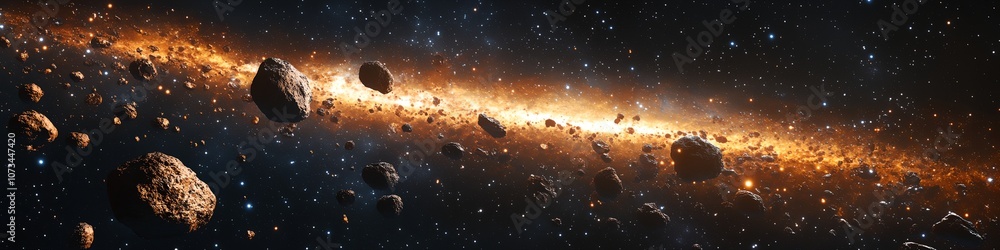 Poster a space scene with a large number of rocks and debris. the rocks are scattered throughout the image,