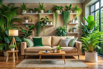 Fototapeta premium Eco-Friendly Interior Design Featuring Cozy Beige Sofa Surrounded by Indoor Plants and Green Decor