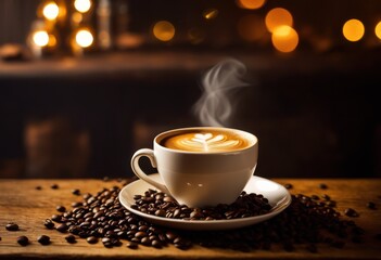 Obraz premium warm cup steaming coffee surrounded aromatic coffee beans creating inviting cozy atmosphere, beverage, bold, brews, caffeine, caffeinated, cafe