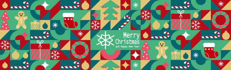 Obraz premium Christmas Bauhaus. Christmas abstract geometric background. Seamless festive vector mosaic, minimal scandinavian ornament. Merry Christmas, wallpaper, banner, festive cover design. Winter holiday.