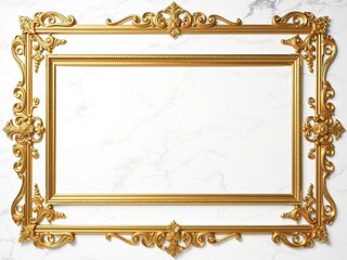 Golden rectangular frame with intricate details on a luxurious white marble background, frame, elegant