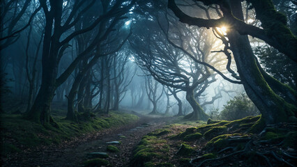 dark trees in the dark woods, eerie forest view
