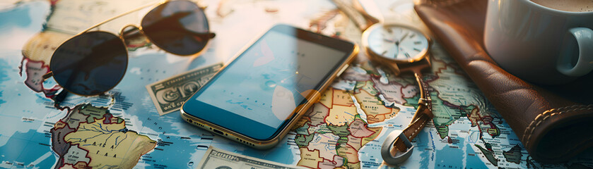 Top view of phone surrounded by travel essentials
