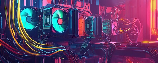 A pile of graphics cards with fans, connected by colorful cables to an alien machine in the background