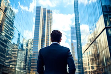 Fototapeta premium Businessman looking up at modern skyscrapers in business district