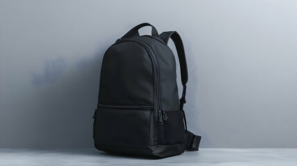 Fototapeta premium A sleek black backpack photographed against a plain light blue wall for a minimalist aesthetic.