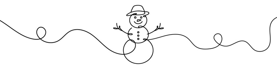 Continuous line drawing of snowman. One line drawing of a snowman. Vector illustration.