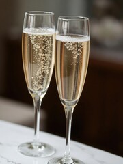 Close-up of two elegant glasses of champagne with bubbles, against a blurred background, special occasion, champagne