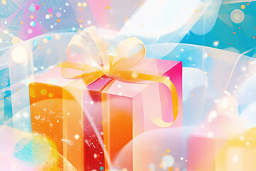 Gift in pink box with yellow ribbon. Illustration in abstract style .