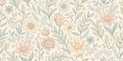 Obraz premium A Delicate Floral Pattern with Light Colors and Detailed Linework, Featuring Various Blooms and Foliage on a Soft Beige Background