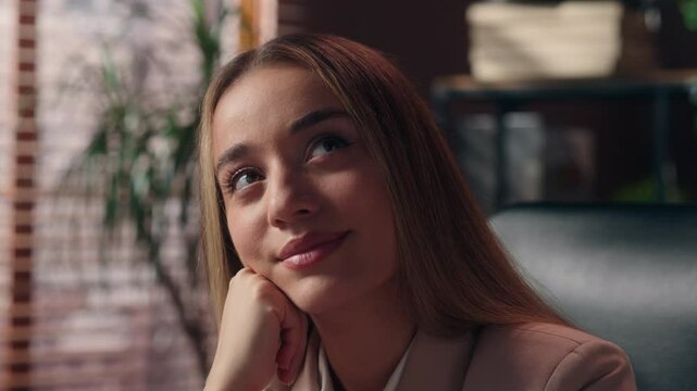 Close up smiling Caucasian business woman female girl businesswoman corporate worker office manager CEO boss dreaming looking distance imagine think job dream at workplace ponder idea thinking indoors