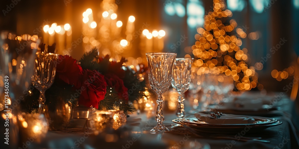 Aufkleber a table with a christmas tree in the background and a bunch of red roses on it. there are also some 