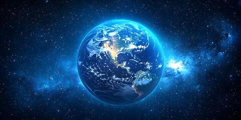 Obraz premium A glowing Earth surrounded by stars and cosmic elements, showcasing the beauty of our planet in a vast blue universe.