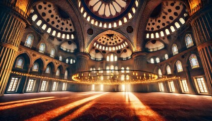 The majestic interior of the Blue Mosque in Istanbul, capturing its intricate blue and gold motifs, grand chandeliers, and the spiritual ambiance.