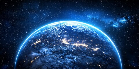 Obraz premium A stunning view of Earth from space, glowing with city lights, surrounded by the vast, starry cosmos.