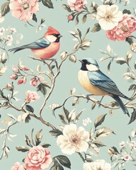 Fototapeta premium A seamless vintage wallpaper pattern featuring delicate birds and flowers in a Victorian-inspired style, with soft pastel colors and fine line details that evoke the charm of a bygone era