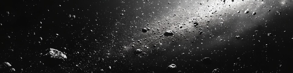 A black and white photo of a starry sky with a large number of rocks scattered throughout. Scene is one of wonder and awe, as the viewer is taken on a journey through the vastness of space