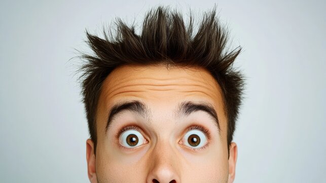 Man with a messy hairstyle and a surprised expression on his face. He has a lot of hair on his forehead and his eyebrows are raised