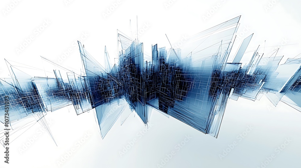 Poster an abstract visualization of sound waves, featuring dynamic blue peaks and valleys against a light b