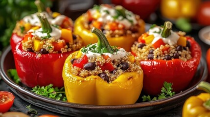 Stuffed bell peppers with quinoa, black beans, and cheese on dark background