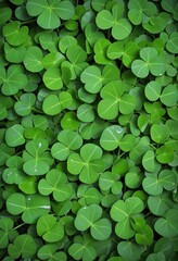 Vibrant Green Clover Texture with Dew Drops on Shamrock Background
