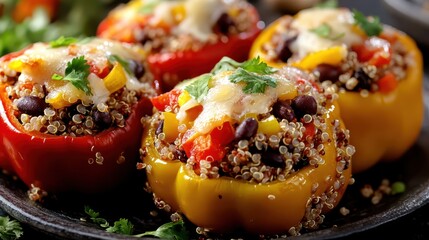 Stuffed bell peppers with quinoa, black beans, and cheese on dark background