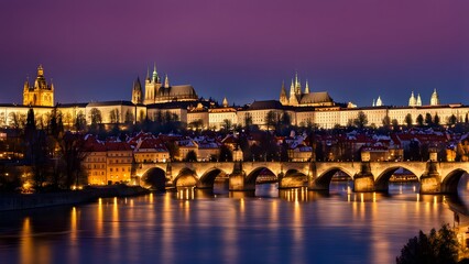 Obraz premium Czech republic a magical view of prague at dusk with the Charles bridge prague castle, AI Generated