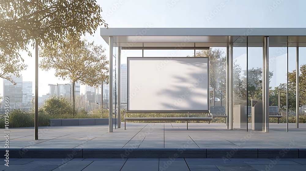 Poster a modern bus stop with a large blank screen, surrounded by greenery and urban architecture, under a 