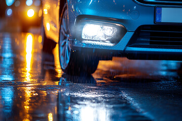 A close-up of car headlights on a wet city street at night.