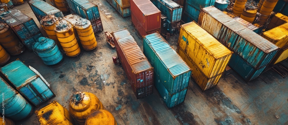 Poster an aerial view of a shipping container yard with containers of various colors and sizes stacked toge