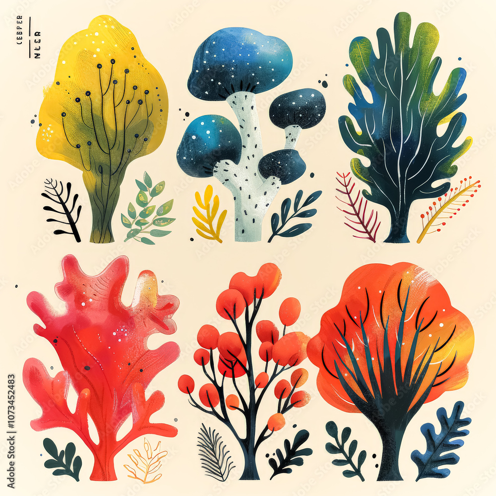 Poster a set of six trees with different colors and shapes