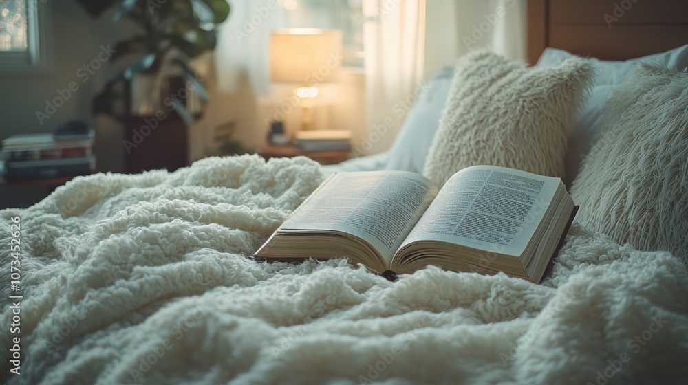 Poster Cozy Bedroom Scene with Open Book and Soft Fuzzy Blanket Creating a Relaxing Atmosphere for Reading and Leisure in Natural Light
