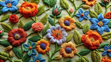 Obraz premium A Vibrant Tapestry of Hand-Stitched Floral Embroidery, Showcasing a Delicate Blend of Hues and Intricate Designs