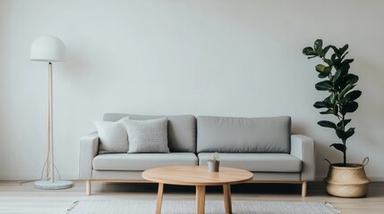 A Minimalist Living Room with a Grey Sofa, Wooden Coffee Table, and a Plant in a Wicker Basket