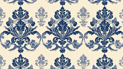 A timeless damask-style vintage seamless pattern with intricate, symmetrical floral motifs in soft ivory and deep blue, creating an elegant and regal design perfect for textiles or wallpapers